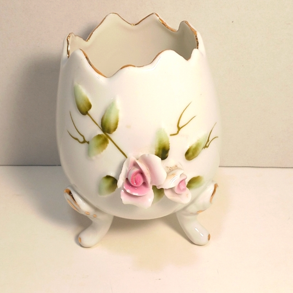 Cracked Egg Shaped Floral Vase Gold Trim Arnart Vintage Porcelain